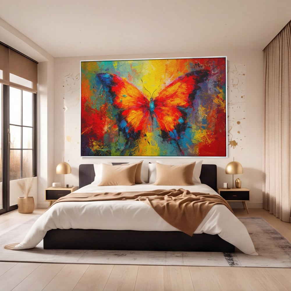 Tablou canvas cu pictura orizontala cu fluture colorat, in rama de aluminiu argintiu, pe perete intr-un dormitor